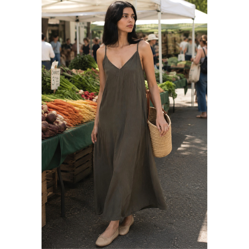 Jenni Kayne XS Rio Maxi Silky Slip Dress $345 Cupro Minimalist Moss Green NWT